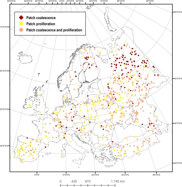 Distribución de los paisajes de estudio clasificados como coalescencia de parches (aumento del tamaño de malla efectivo sobre la mediana de la muestra, mientras que el número de parches de bosque está por debajo de la mediana de la muestra), proliferación de parches (aumento del tamaño de malla efectivo por debajo de la mediana de la muestra mientras que el número de bosque parches sobre la mediana de la muestra) y tanto la coalescencia como la proliferación del parche (los paisajes restantes)