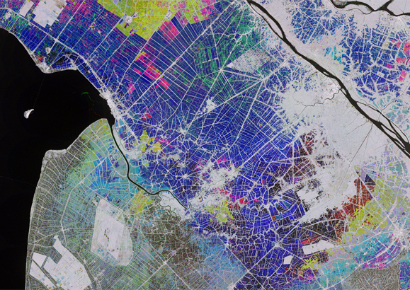 Arrossars al delta del Mekong, Vietnam, en una imatge del satèl·lit Copernicus Sentinel1. Foto: European Spatial Agency via Flickr.