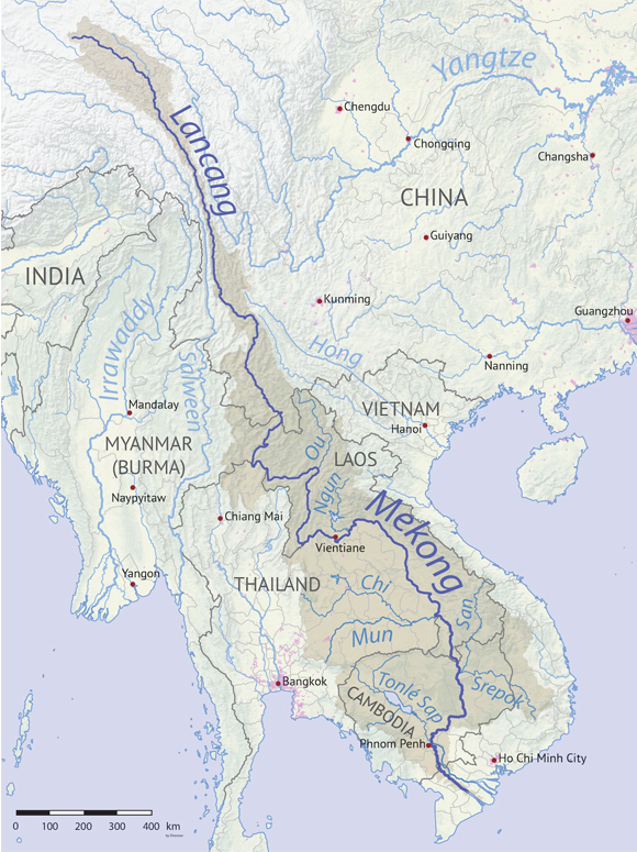 El riu Mekong travessa cinc països: La Xina (on es diu Lancang), Laos, Tahilàndia, Cambodja i Vietnam. Mapa: Shannon1 via Wikimedia Commons.