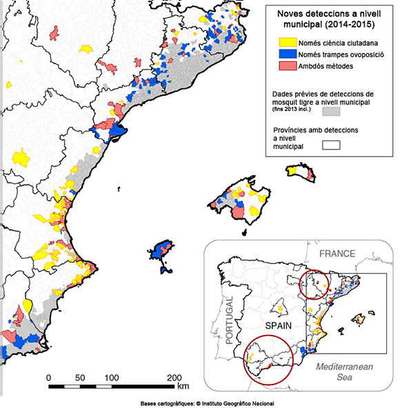 Mapa de les noves troballes de mosquit tigre que es van fer a Espanya el 2014 i el 2015, segons si van ser detectats per la ciutadania, per les trampes dels experts o bé per ambdós mètodes. Font: Palmer et al. (2017) CC-BY