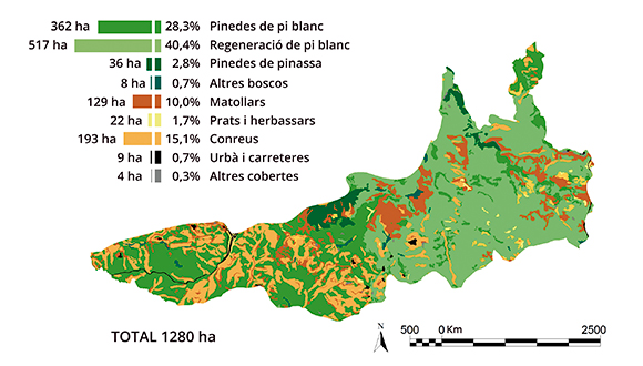 Cobertes afectades per l'incendi d'Òdena. Anàlisi provisional a partir dels límits facilitats pel Cos d'Agents Rurals. Font: MCSC2009, CREAF.