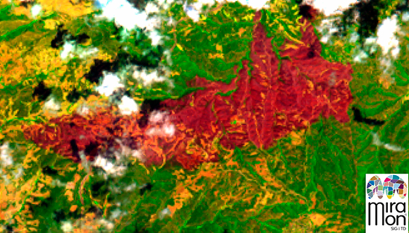 Imatge de l'incendi d'Òdena feta pel satèl·lit Landsat 8 (27/7/2015, 13:30h). Font: GRUMETS.