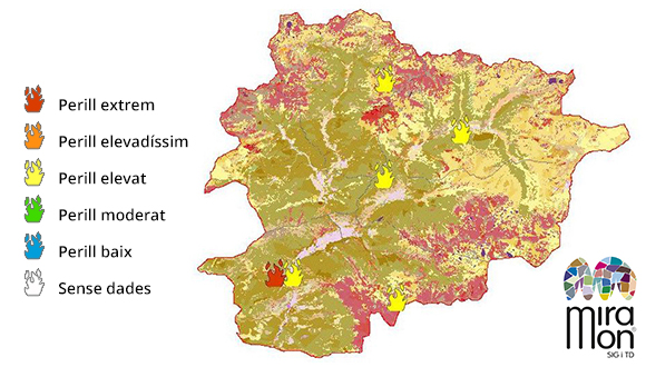 Mapa de Risc d'incendi d'Andorra. Font: MiraMon i CENMA.