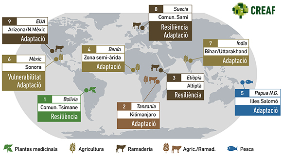 Mapa dels casos d'estudi, i que mostra la diversitat de les temàtiques i enfocaments abordats en la publicació. Autor: CREAF