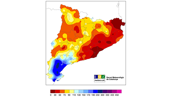 Mapa del percentatge de precipitació acumulada respecte de la mitjana climàtica 1961-1990 de l’estiu 2021. Font: SMC.