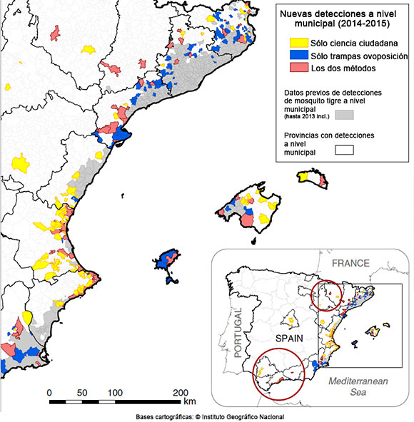  Mapa de los nuevos hallazgos de mosquito tigre que hubo en España en 2014 y 2015, según si fueron detectados por la ciudadanía, por las trampas de los expertos o bien por ambos métodos. Fuente: Palmet et al. (2017) CC-BY