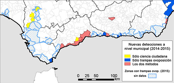 Mapa de las nuevas detecciones de mosquito tigre que hubo en Andalucía en 2014 y 2015, según si fueron detectados por la ciudadanía, por las trampas de los expertos o bien por ambos métodos. Fuente: Palmer et al. (2017) CC-BY