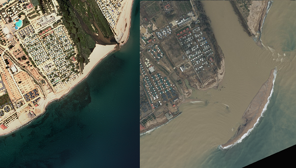 The Tordera Delta before (left) and after (right) Storm Gloria. The latter image shows sediment-laden water running into the sea and the island of sand that formed in front of the estuary. Source: coast evolution viewer of the Catalan Institute of Cartography and Geology (ICGC).