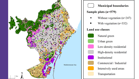 Mapa d’usos del sòl del municipi de Barcelona i localització de les mostres recollides per a l’estudi.  Font: ICTA-CREAF. Elaboració basada en la 3ª edició del Mapa Ecològic de Barcelona (Burriel et al. 2006) 