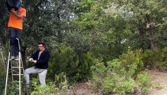 Josep maria Espelta i Jose Luis Ordóñez prenent mostres a la parcel·la de seguiment de Can Balasc (PN Collserola)