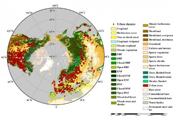 Els punts vermells indiquen les 880 ciutats i les seves perifèries en l'hemisferi nord. Els colors de fons indiquen el tipus de vegetació: boscos perennes de fulla ampla (EBF en les seves sigles en anglès), boscos caducifolis de fulla ampla (DBF), boscos perennes de coníferes (ENF) i boscos caducifolis de coníferes (DNF).