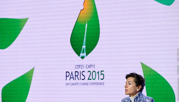 La Secretaria Executiva de la Convenció Marc de les Nacions Unides sobre el Canvi Climàtic, a la COP21 de París el 2015, Christiana Figueres . Font: COP21 Paris (CC0 1.0)