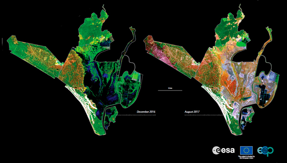 Doñana National Park. In the December image, the marsh is flooded. Areas of water in the marsh and ponds appear as black or dark blue. In August, the marshes have dried out and bare soil areas look gray. Large areas with dry helophyte vegetation in the central area have an orange color. There are some flooded areas in the east corresponding to fish farm ponds. The area in the west that was burned during a forest fire in June 2017 shows a pink color. Sources: Landsat 8 OLI (RGB 654 bands). Courtesy of USGS/NASA Landsat program. Processed by LAST-EBD (CSIC).