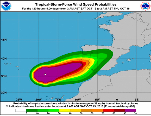 Previsió de la NOAA sobre l'arriba de l'huracà Leslie a la península el 13 d'octubre de 2018