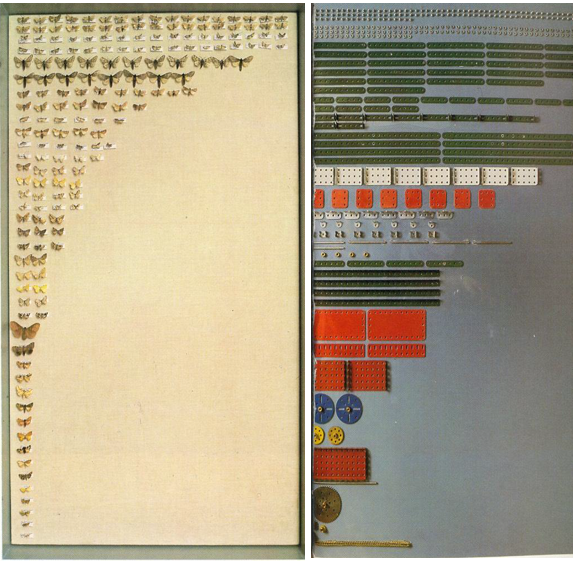 a) Comunidad de mariposas. b) Piezas de Meccano que se emplean para hacer una rueda de parque de atracciones. Las especies y tipos de piezas están ordenados por su abundancia. Según Margalef.
