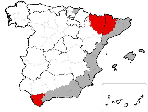 Mapa de les províncies afectades pel mosquit tigre, en vermell les incorporades el 2015.