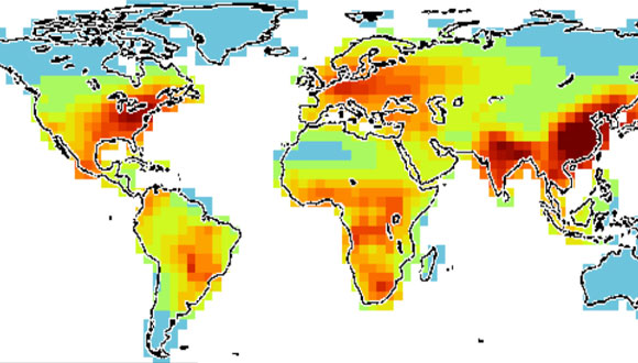 Nitrogen deposition (teragrams per square meter) projected by NCAR’s atmospheric chemistry model