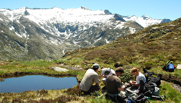 Seguimiento de poblacions de anfibios y sus patógenos en los Pirineos franceses. Al fondo se observa el Pico Rouge. Autor: Dirk Schmeller.