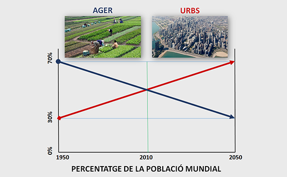 Evolució de la població rural (línia blava) en front de la població urbana (línia vermella) al món, desde 1950 i projectat fins a 2050. 