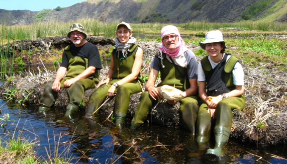 Olga Margalef y Sergi Pla (en el medio de este cuarteto investigador) en el volcán Rano Kau de la isla.