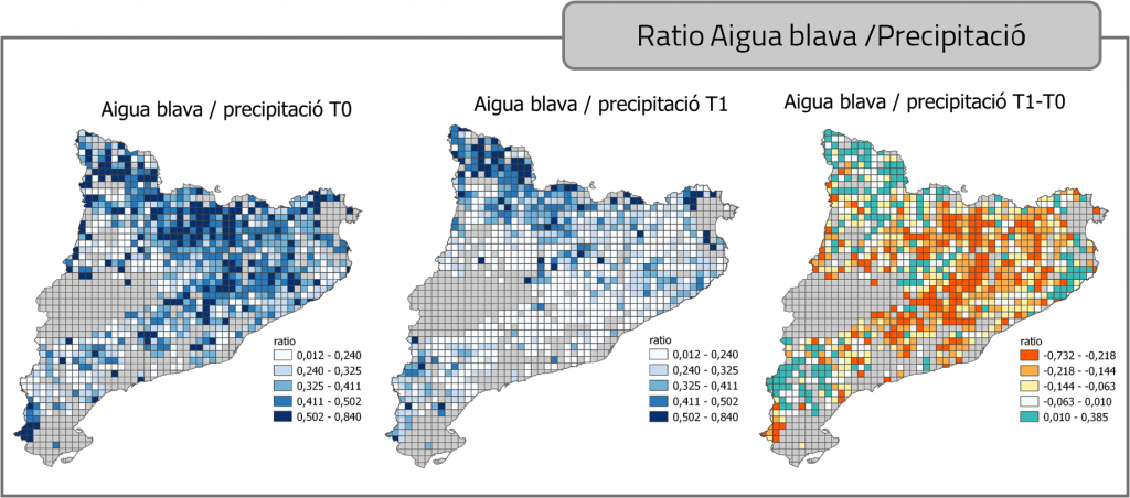 Ràtio d'aigua blava respecte la precipitació total, en colors blaus. En colors taronges i verdosos, mapa de la diferència d’aquesta ràtio entre el moment T1 i el moment T0.