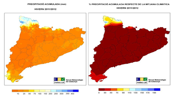 Mapes de precipitació acumulada durant l’hivern del 2011-2012 i del percentatge d’aquesta precipitació respecte de la mitjana climàtica