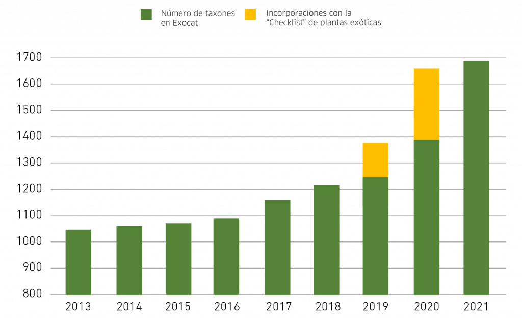 Evolución del número de taxones incluidos en la base de datos EXOCAT, durante el período 2013-2021. En amarillo se indica el número de taxones incorporados con la publicación de la “checklist” de la flora alóctona de Catalunya (Aymerich & Sáez, 2019). No se consideran las especies translocadas, reintroducidas o domesticadas. Fuente: EXOCAT.