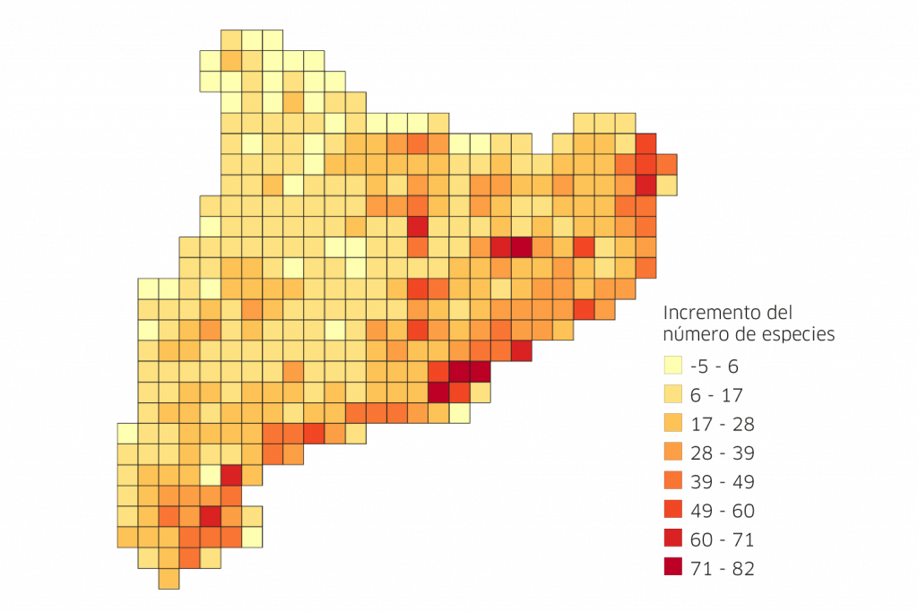 Incremento en número de taxones exóticos en Catalunya entre el 2013 y el 2021 por cuadrados de 10×10 km. Fuente: EXOCAT.