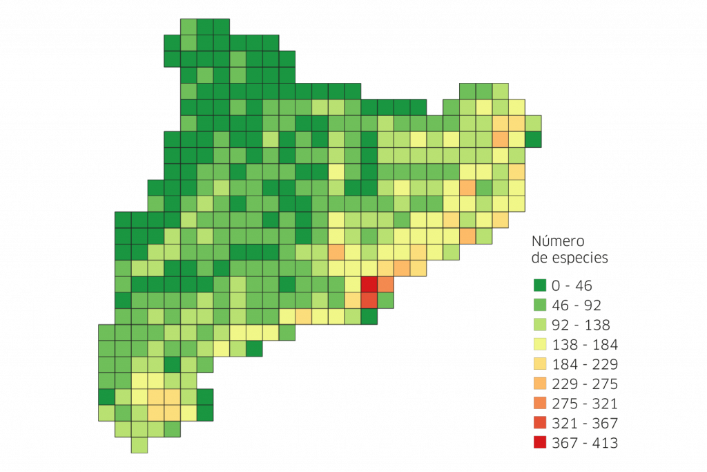 Riqueza total de especies exóticas en Catalunya (2021) por cuadrados de 10×10 km. Fuente: EXOCAT.