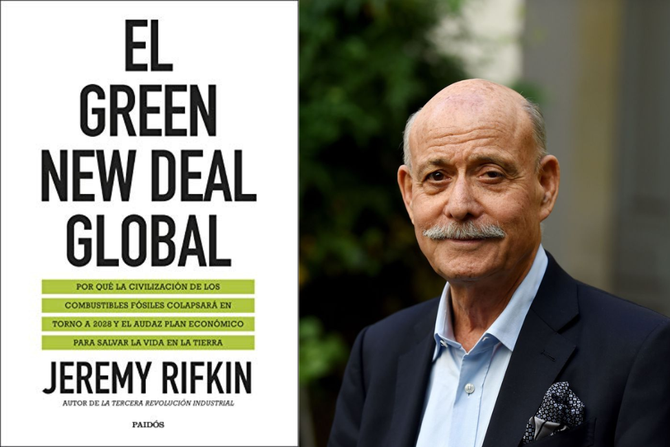 Portada del libro El Green New Deal Global de Jeremy Rifkin y foto del autor.