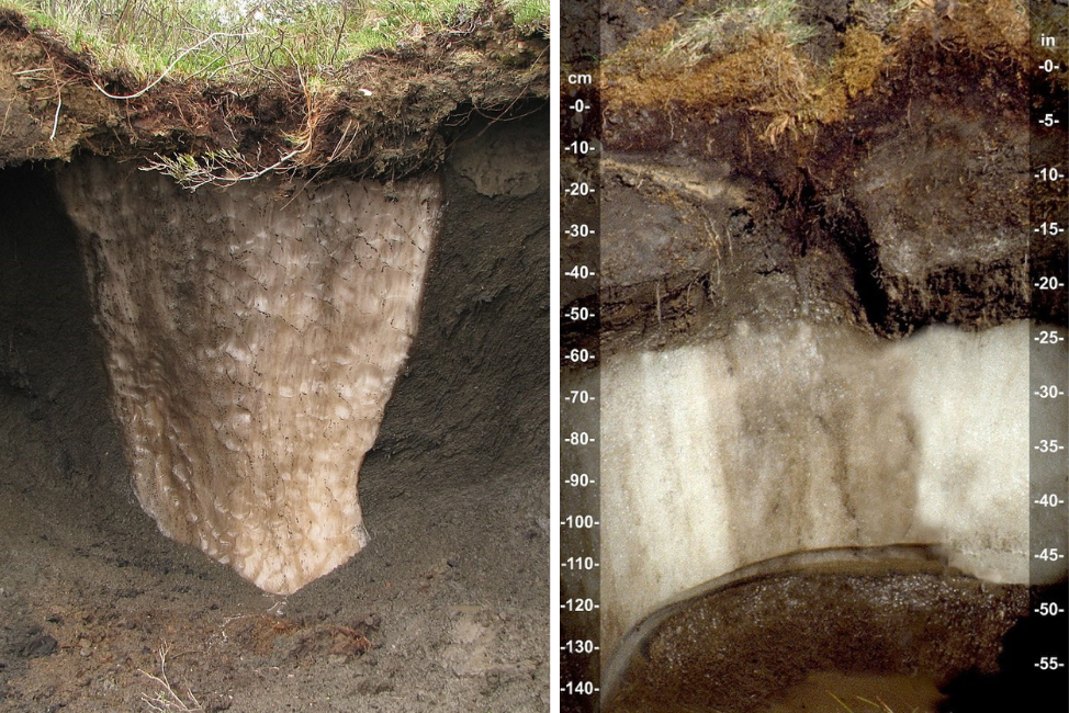 Dos ejemplos de una cuña de permafrost. La fotografía de la izquierda muestra un fragmento de hielo expuesto debido a la erosión costera en el mar de Beaufort, Canadá. Las finas líneas casi verticales del hielo representan la estrecha grieta que se abre cada año y se llena de agua que después se congela. Autor: Drpermafrost. La fotografía de la derecha muestra además la profundidad en la que se encuetnra el permafrost. Autor: John A. Kelley, USDA Natural Resources Conservation Service.