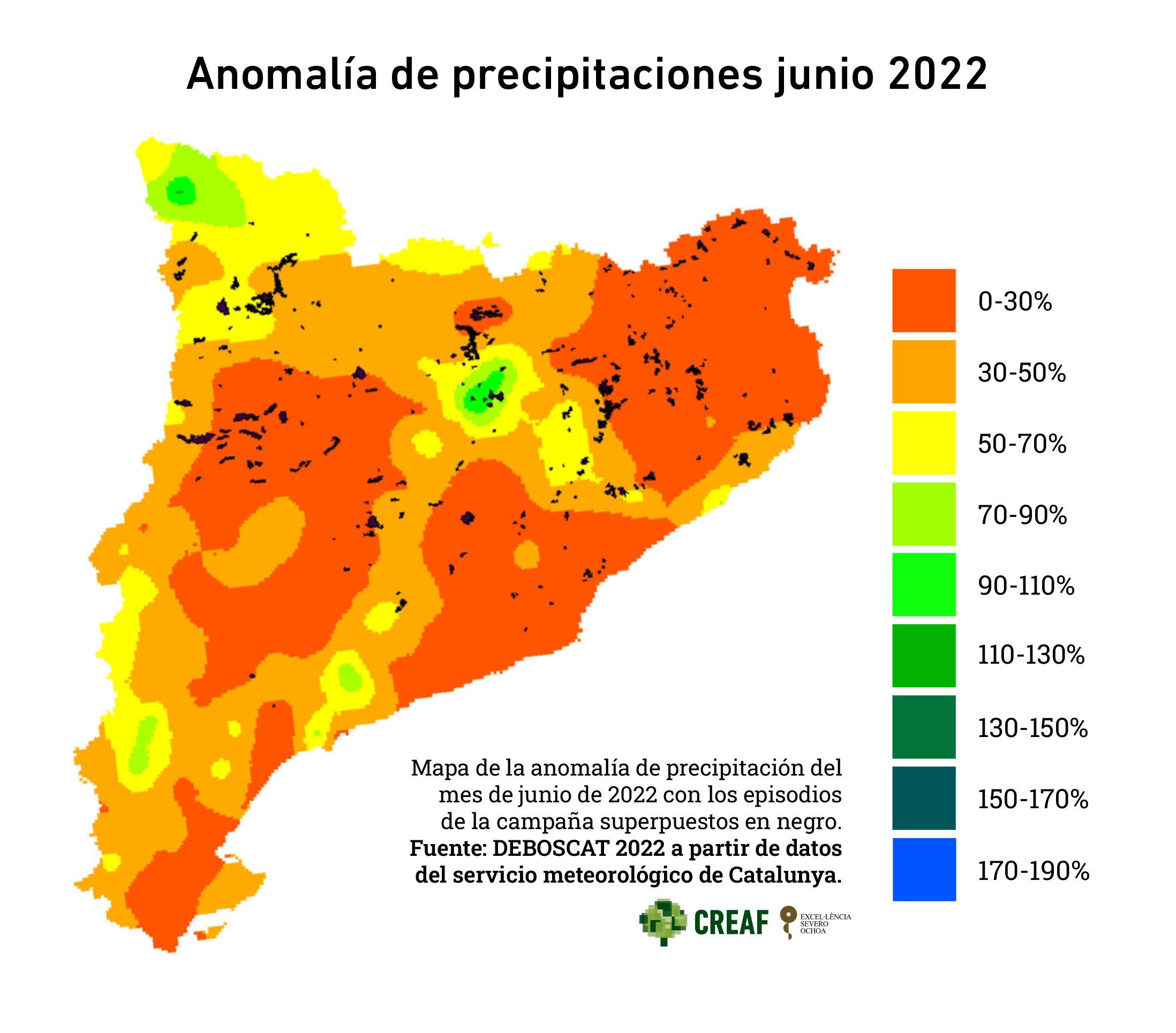 Anomalía de precipitaciones en junio de 2022. Gráfico: Laura Fraile. Fuente: DeBosCat 2022.