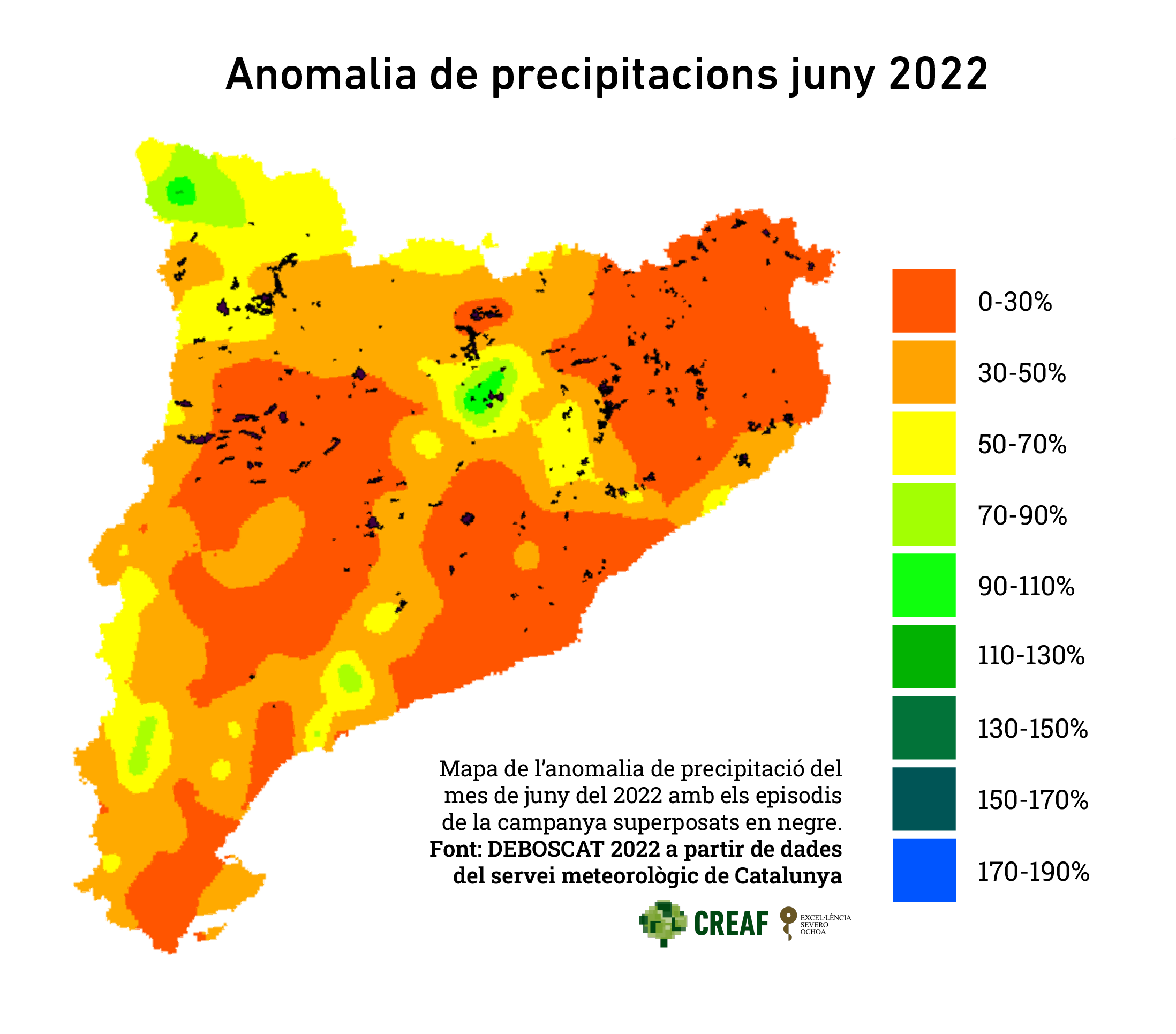 Anomalia de precipitacions al juny de 2022. Gràfic: Mireia Banqué. Font: DeBosCat 2022.