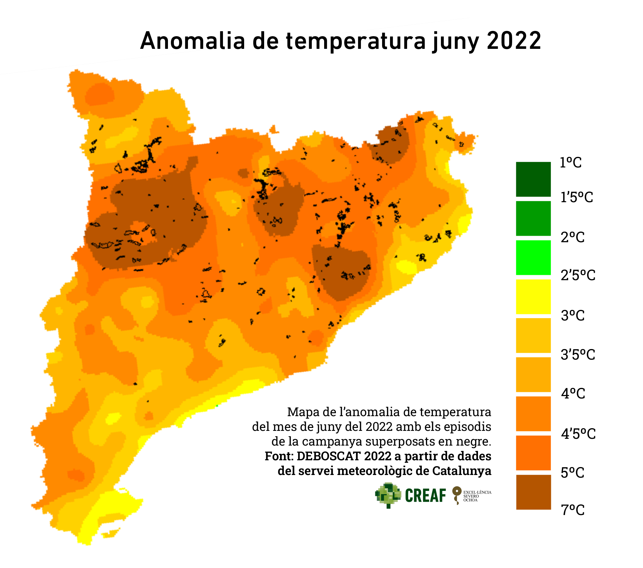 Anomalia de temperatura al juny de 2022. Gràfic: Mireia Banqué. Font: DeBosCat 2022.