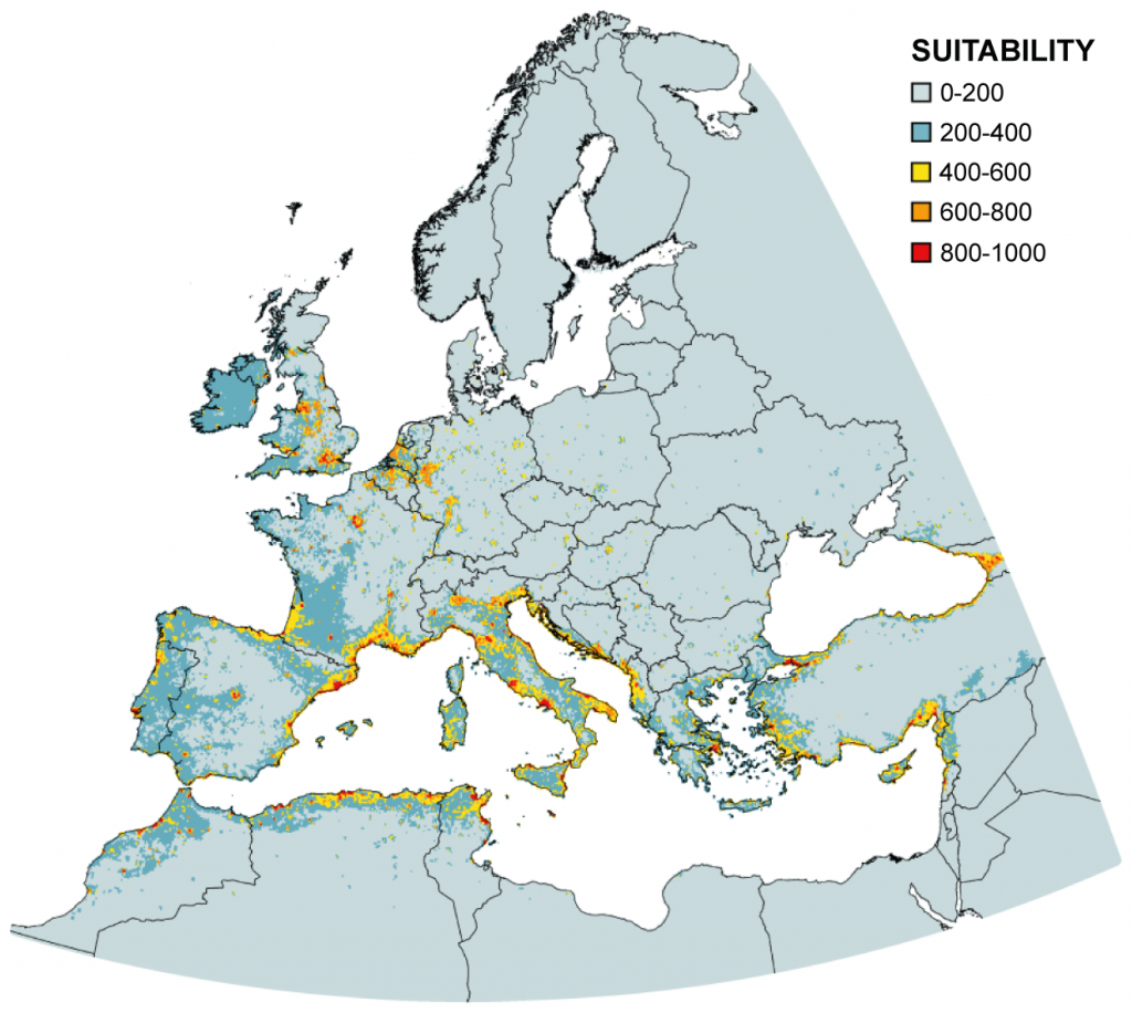 Europe’s red fire ant suitability. Created by Mattia Menchetti based on distribution models developed in collaboration with CREAF, published in Current Biology.