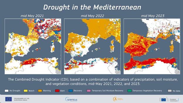 Las sequías en el Mediterráneo occidental tienden a hacerse más frecuentes, largos e intensos. Esto aumenta la mortalidad de los árboles, sea directamente por la carencia de agua o por un debilitamiento ante las plagas, y el riesgo de incendios, que pueden ser más frecuentes y de mayores dimensiones. La figura muestra el Indicador Combinado de Sequía, basado en indicadores de precipitación, humedad del suelo y condiciones de vegetación a mediados de mayo de los años 2021, 2022 y 2023. A lo largo de estos tres años, los valores que dan situación de alerta se han extendido por el Magreb y la Península Ibérica, incluida buena parte de Cataluña, y el mismo pasa con el calentamiento. Esto afecta, además, y de manera importante, a la disponibilidad de agua dulce y a la producción agrícola.
https://joint-research-centre.ec.europa.eu/jrc-news-and-updates/severe-drought-western-mediterranean-faces-low-river-flows-and-crop-yields-earlier-ever-2023-06-13_en?fbclid=IwAR3LKrKbKLNLuz_nvXwSN7XgWe1x4jBALYbHkK_irw1SMoA6c-5W9rzmoeQ