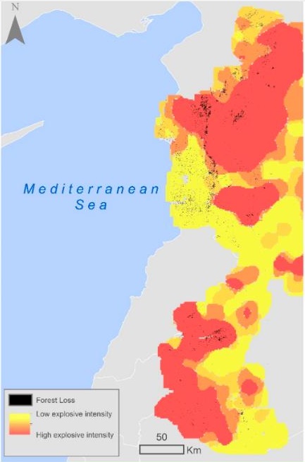 Distribución de las zonas deforestadas en diferentes intensidades de eventos explosivos. Imagen: Angham Daiyoub.