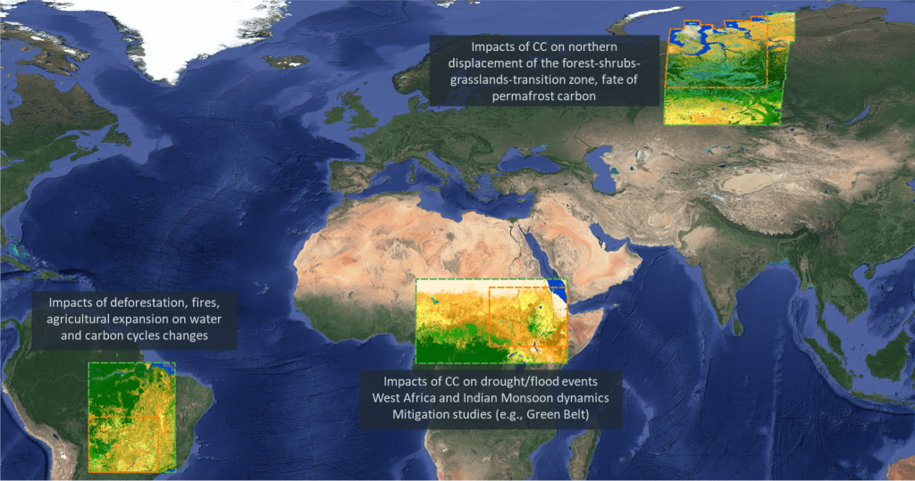 Zonas del Amazonas, África y Siberia que muestran los nuevos mapas de alta resolución de la cubierta terrestre de la Iniciativa sobre el Cambio Climático de la ESA. El área enmarcada en verde tiene 10 metros de resolución y la naranja, 30 metros. Imagen: ESA.