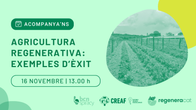 Targeta de la conferència sobre casos d'èxit en agricultura regenerativa del projecte RegeneraCat del CREAF a la jornada BCNspiracy